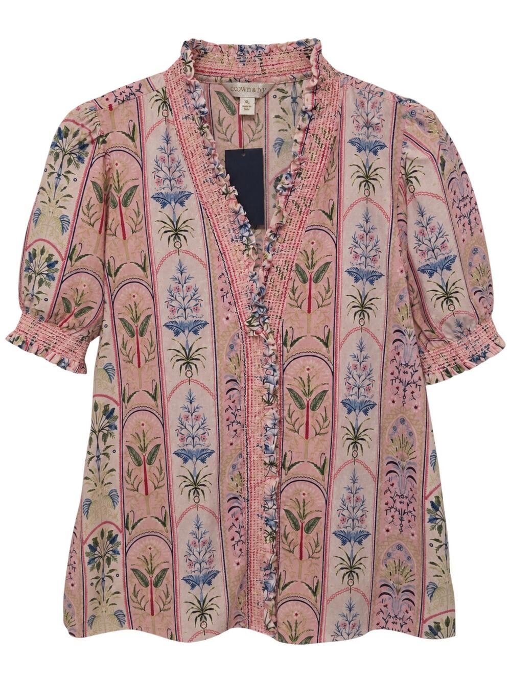 Crown & Ivy Blouse Pink Palm Stripe Womens XL Ruffle Neck Puff Sleeve NWT